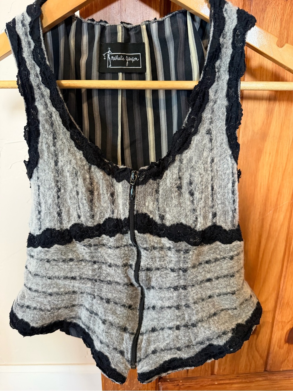 Nathalie Garçon Vintage Wool-Blend Zip Front Vest Top Black Gray Lace Lined